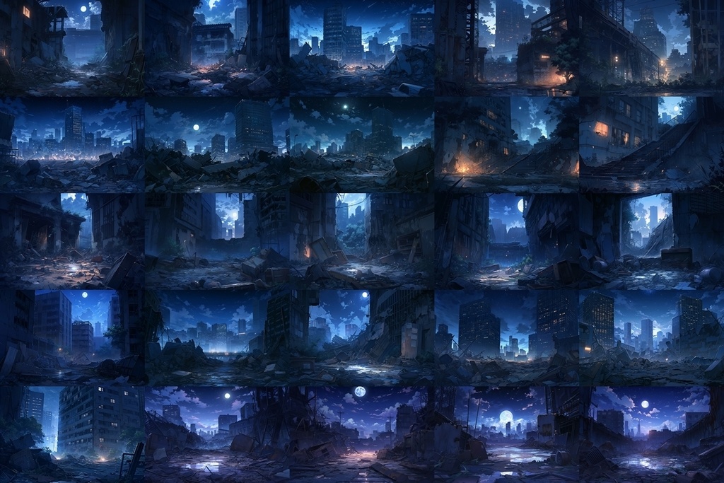 【背景素材】セット販売&単品販売「廃墟の街並」全3種類【昼間・夜中・夕方】