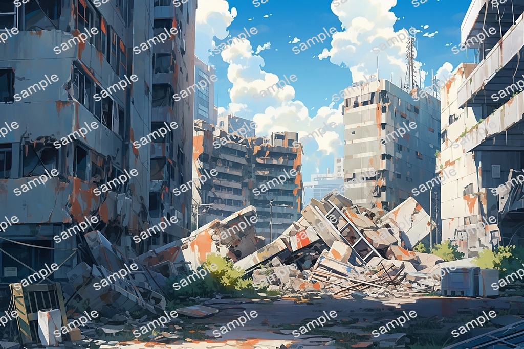 【背景素材】セット販売&単品販売「廃墟の街並」全3種類【昼間・夜中・夕方】