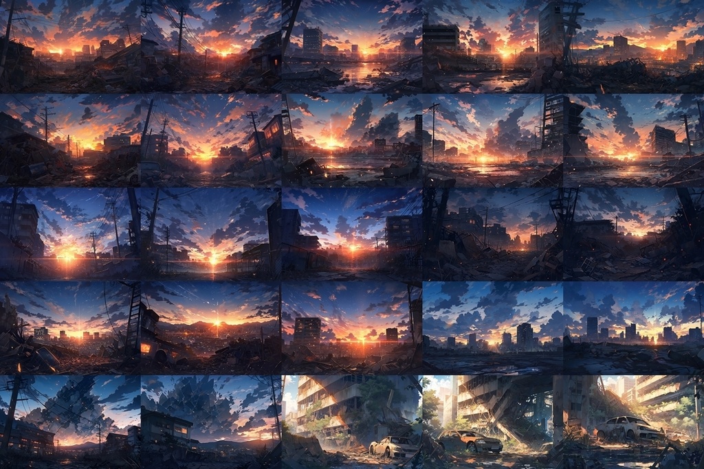 【背景素材】セット販売&単品販売「廃墟の街並」全3種類【昼間・夜中・夕方】