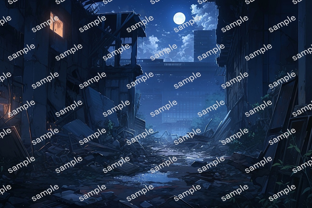 【背景素材】セット販売&単品販売「廃墟の街並」全3種類【昼間・夜中・夕方】