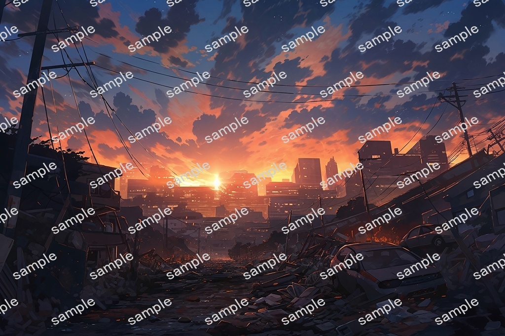 【背景素材】セット販売&単品販売「廃墟の街並」全3種類【昼間・夜中・夕方】