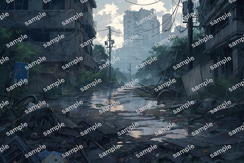 【背景素材】セット販売&単品販売「廃墟の街並」全3種類【雨・雪・川】