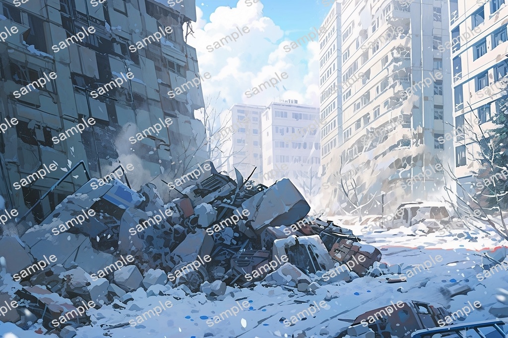 【背景素材】セット販売&単品販売「廃墟の街並」全3種類【雨・雪・川】