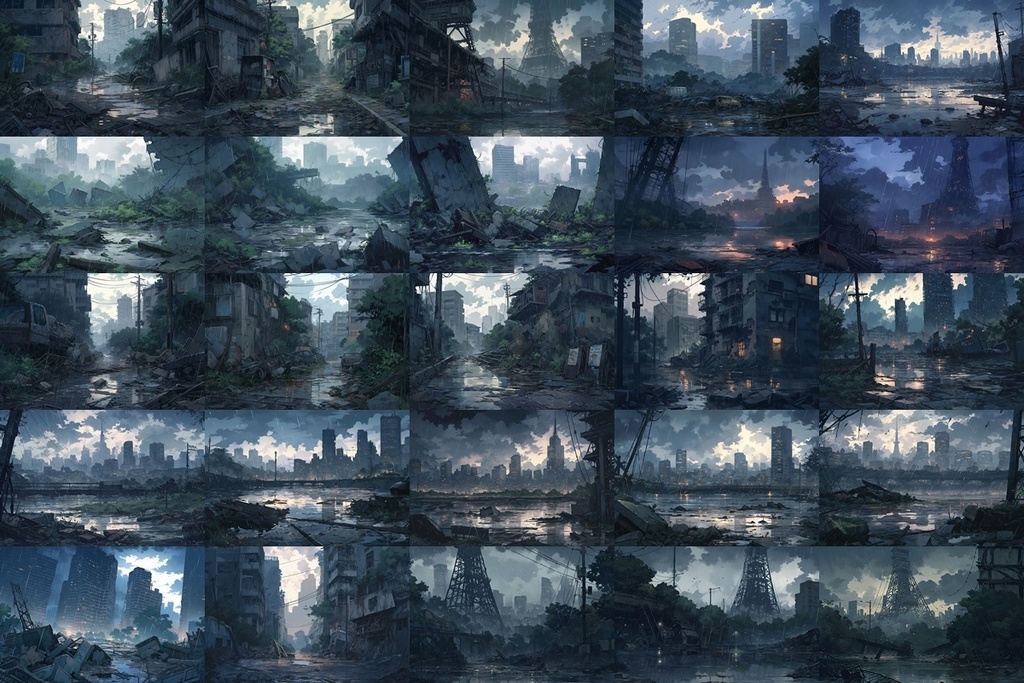 【背景素材】セット販売&単品販売「廃墟の街並」全3種類【雨・雪・川】