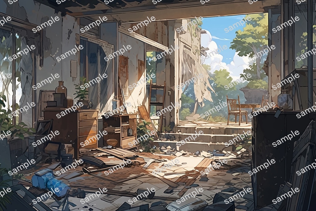 【背景素材】セット販売&単品販売「廃墟の街並」全3種類【空・地面・室内】