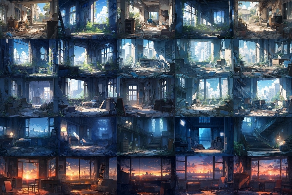 【背景素材】セット販売&単品販売「廃墟の街並」全3種類【空・地面・室内】