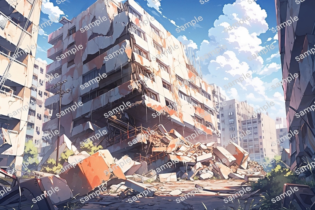 【背景素材】セット販売&単品販売「廃墟の街並」全3種類【空・地面・室内】