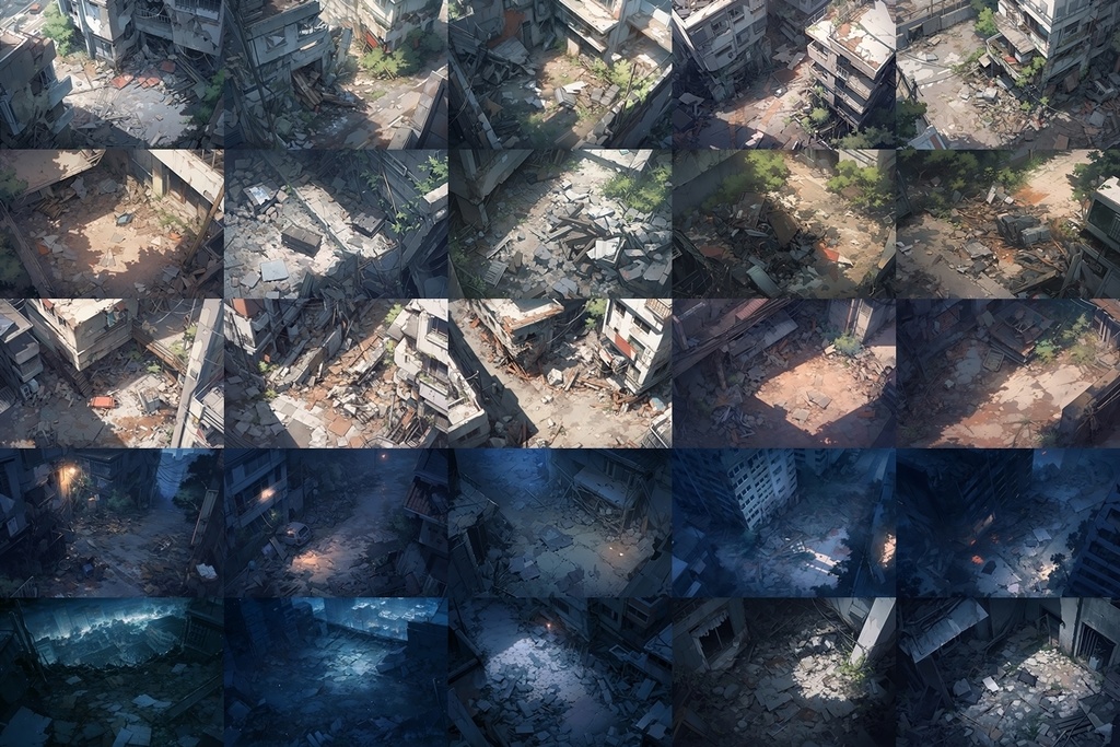 【背景素材】セット販売&単品販売「廃墟の街並」全3種類【空・地面・室内】