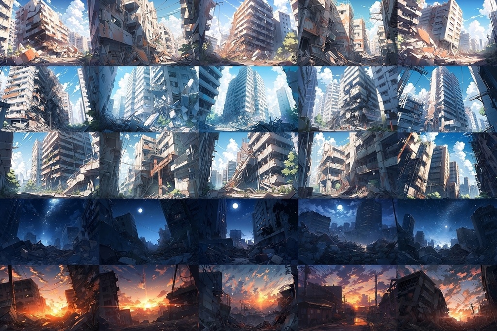 【背景素材】セット販売&単品販売「廃墟の街並」全3種類【空・地面・室内】