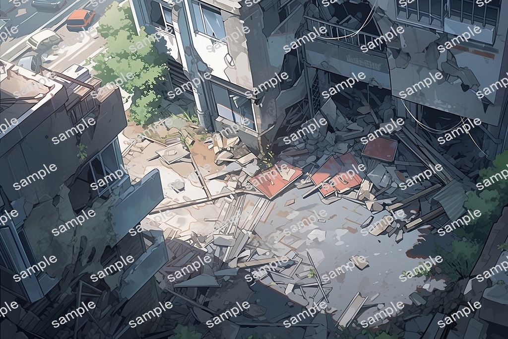 【背景素材】セット販売&単品販売「廃墟の街並」全3種類【空・地面・室内】