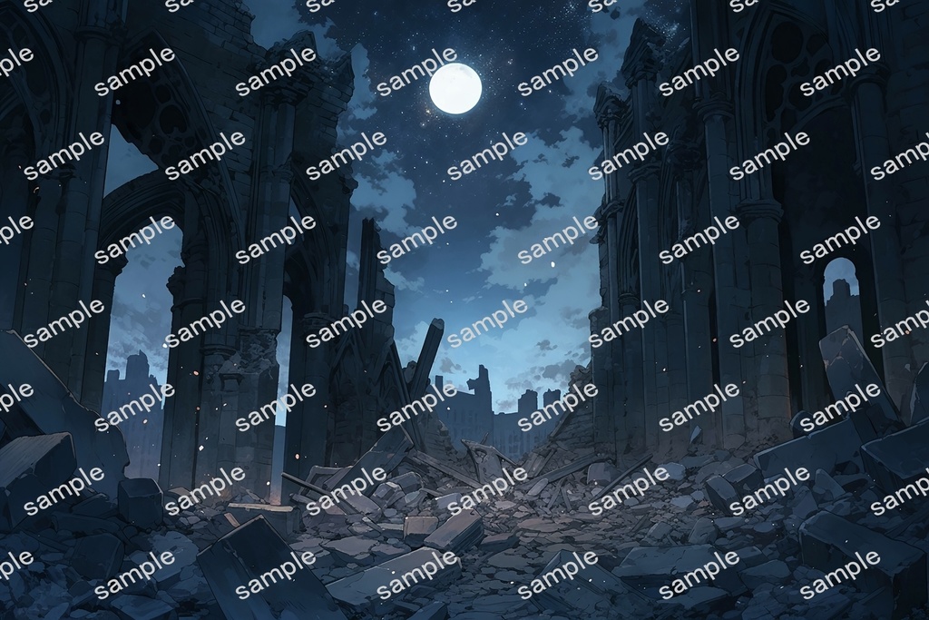 【背景素材】セット販売&単品販売「廃墟の聖堂」全3種類【昼間・夜中・夕方】