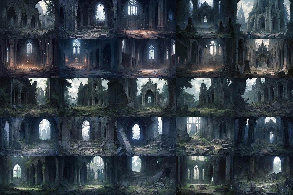 【背景素材】セット販売&単品販売「廃墟の聖堂」全3種類【昼間・夜中・夕方】