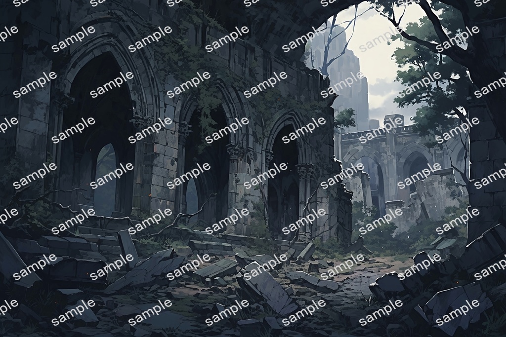 【背景素材】セット販売&単品販売「廃墟の聖堂」全3種類【昼間・夜中・夕方】