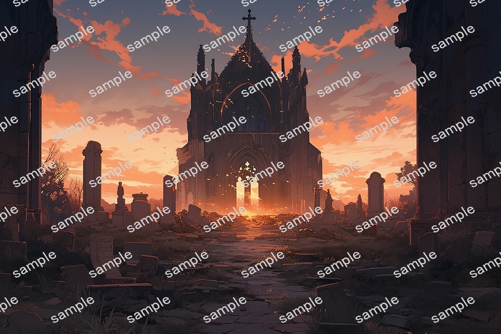 【背景素材】セット販売&単品販売「廃墟の聖堂」全3種類【昼間・夜中・夕方】