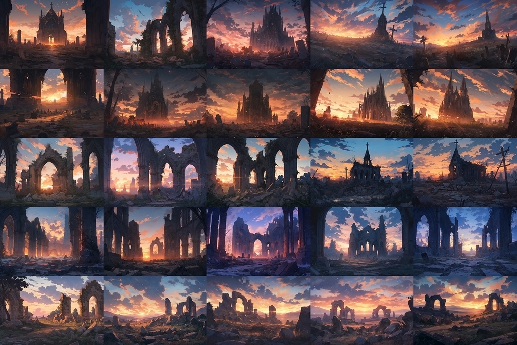 【背景素材】セット販売&単品販売「廃墟の聖堂」全3種類【昼間・夜中・夕方】