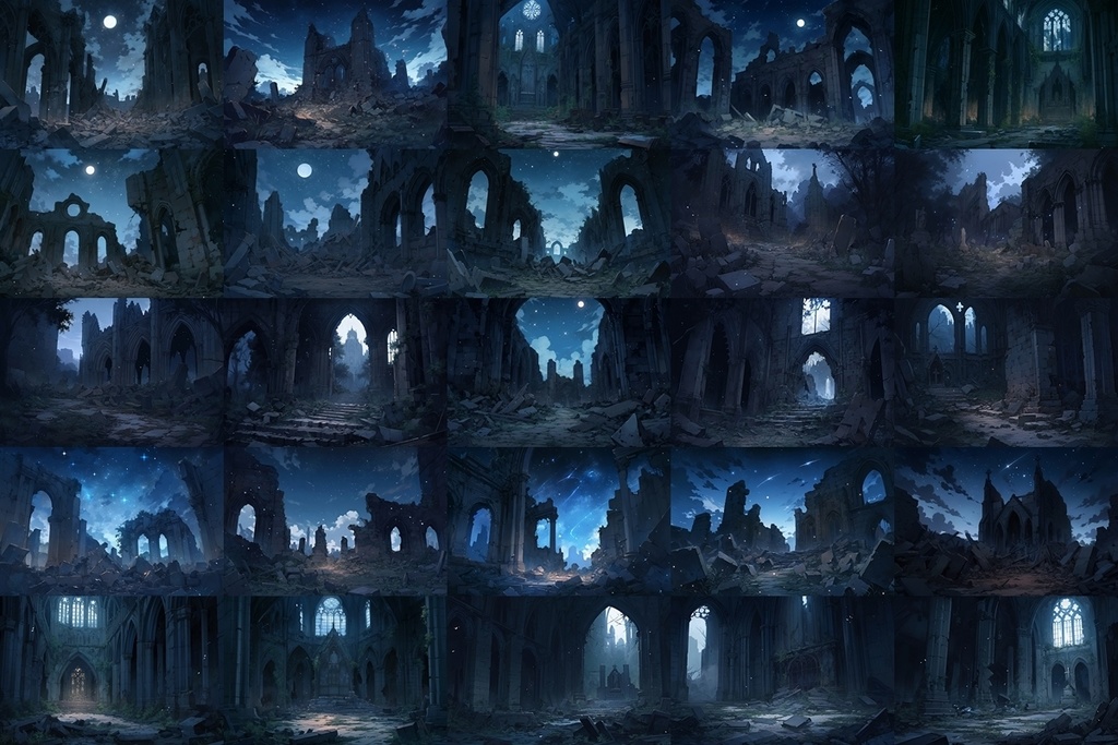 【背景素材】セット販売&単品販売「廃墟の聖堂」全3種類【昼間・夜中・夕方】