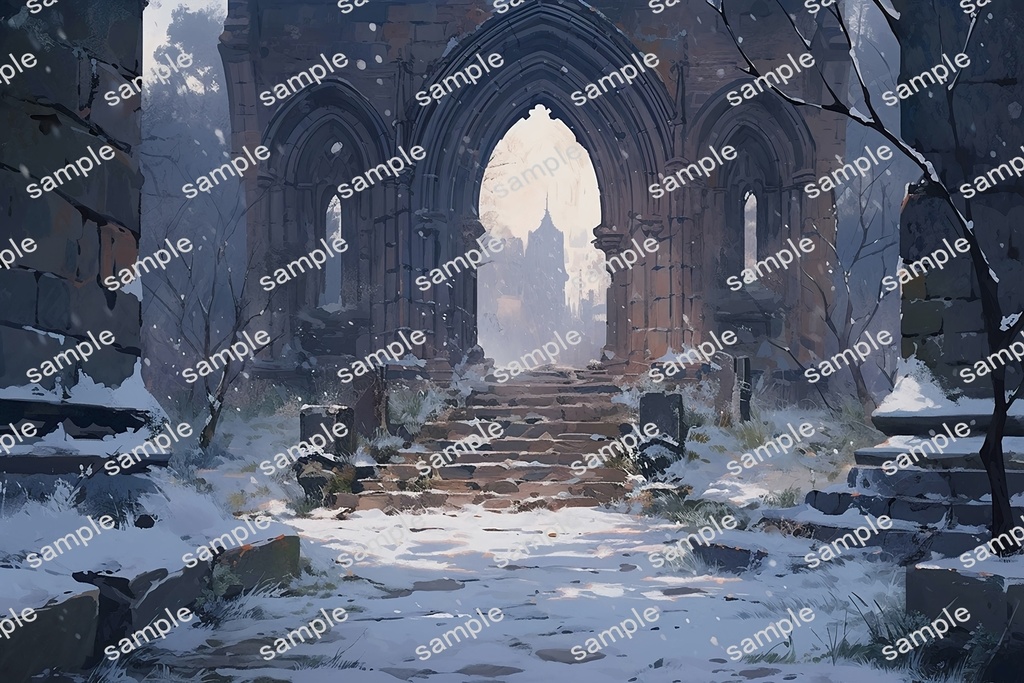 【背景素材】セット販売&単品販売「廃墟の聖堂」全3種類【雨・雪・川】