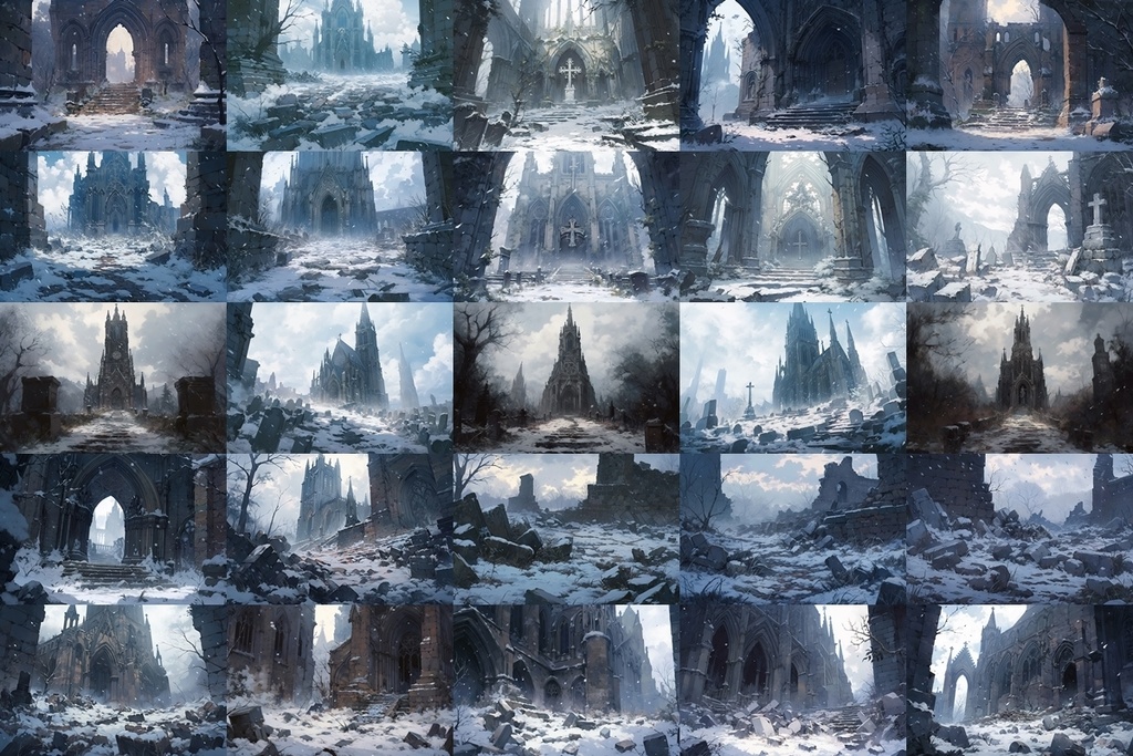 【背景素材】セット販売&単品販売「廃墟の聖堂」全3種類【雨・雪・川】