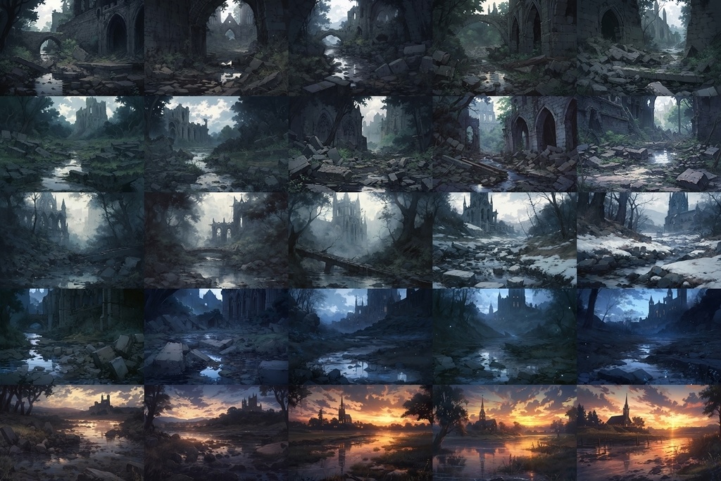 【背景素材】セット販売&単品販売「廃墟の聖堂」全3種類【雨・雪・川】