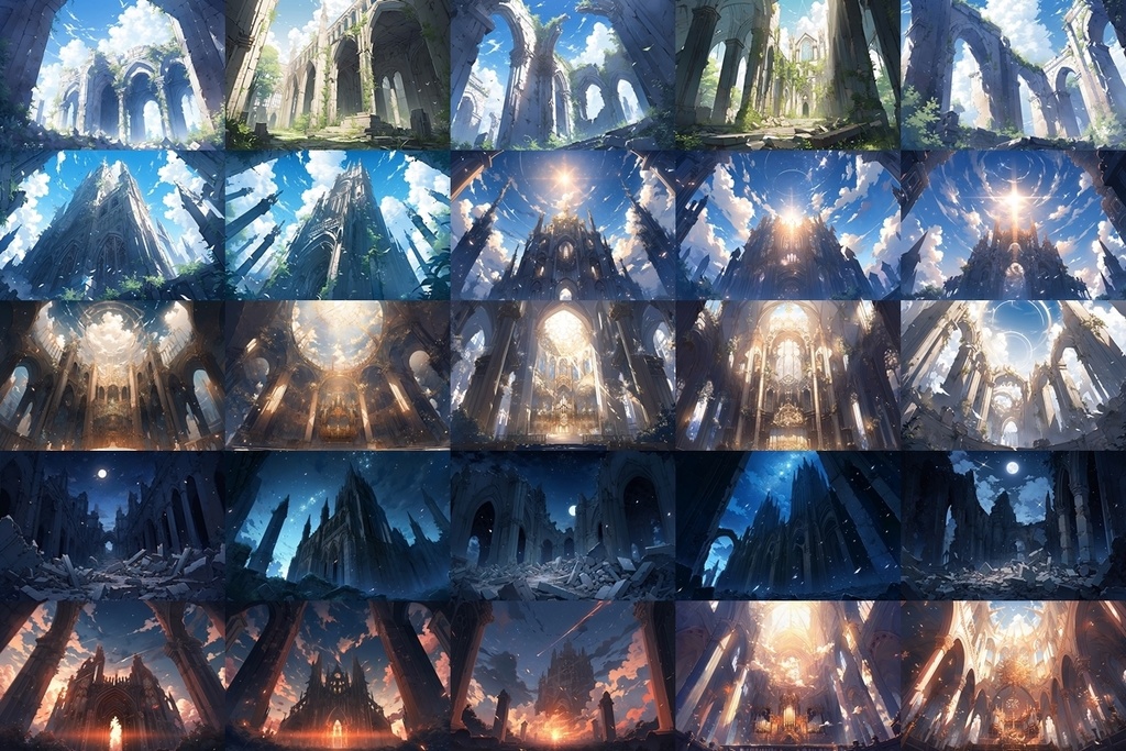 【背景素材】セット販売&単品販売「廃墟の聖堂」全3種類【空・地面・室内】