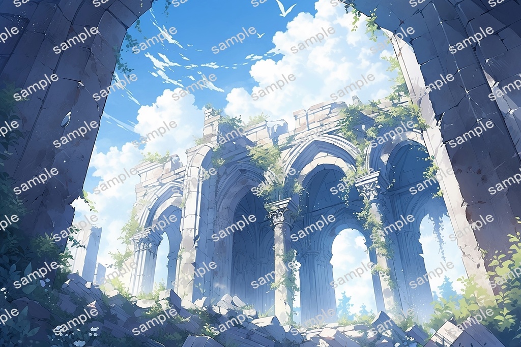 【背景素材】セット販売&単品販売「廃墟の聖堂」全3種類【空・地面・室内】