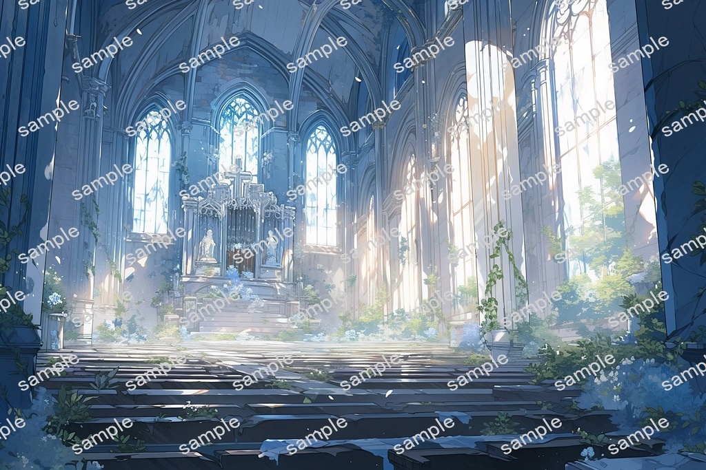 【背景素材】セット販売&単品販売「廃墟の聖堂」全3種類【空・地面・室内】