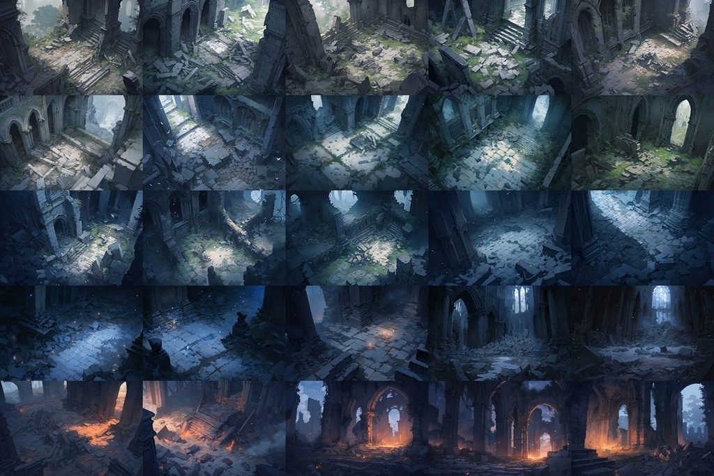 【背景素材】セット販売&単品販売「廃墟の聖堂」全3種類【空・地面・室内】