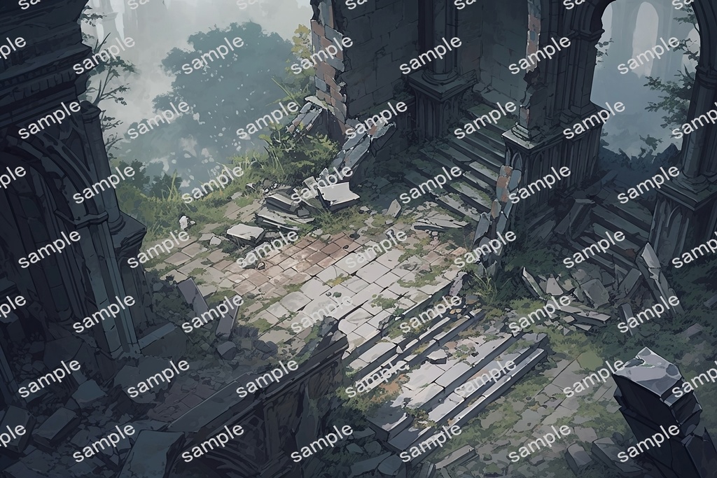 【背景素材】セット販売&単品販売「廃墟の聖堂」全3種類【空・地面・室内】