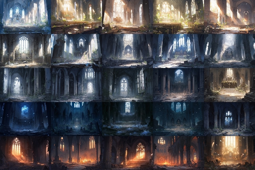 【背景素材】セット販売&単品販売「廃墟の聖堂」全3種類【空・地面・室内】