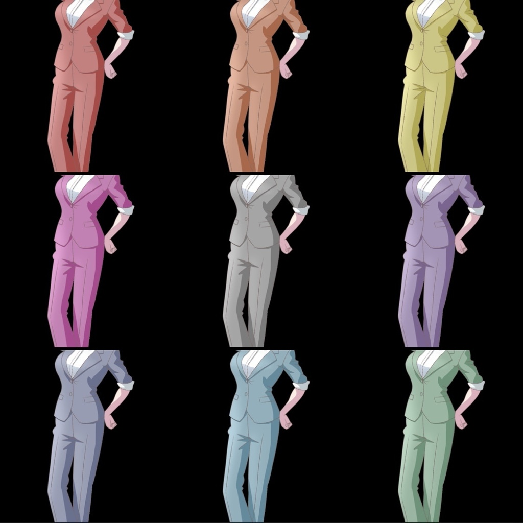 【フリー素材】着せ替え衣装カラフルスーツ 9色