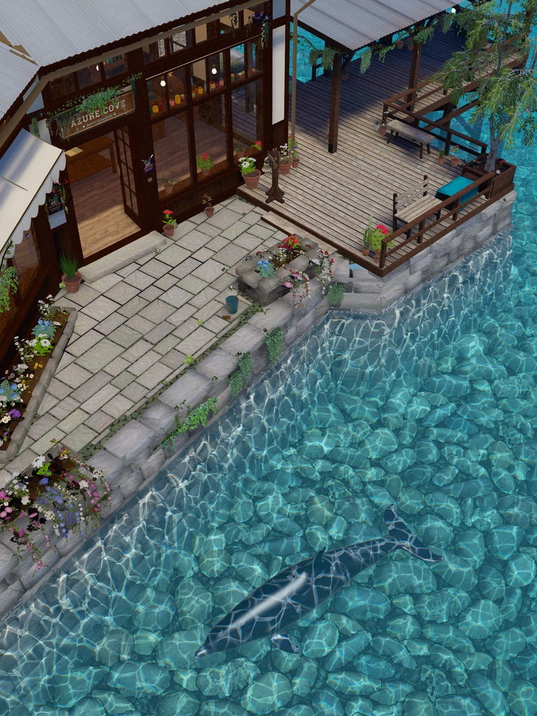 【VRChatワールド】Azure Cove ‐ イルカの泳ぐ海辺の花と雑貨の店