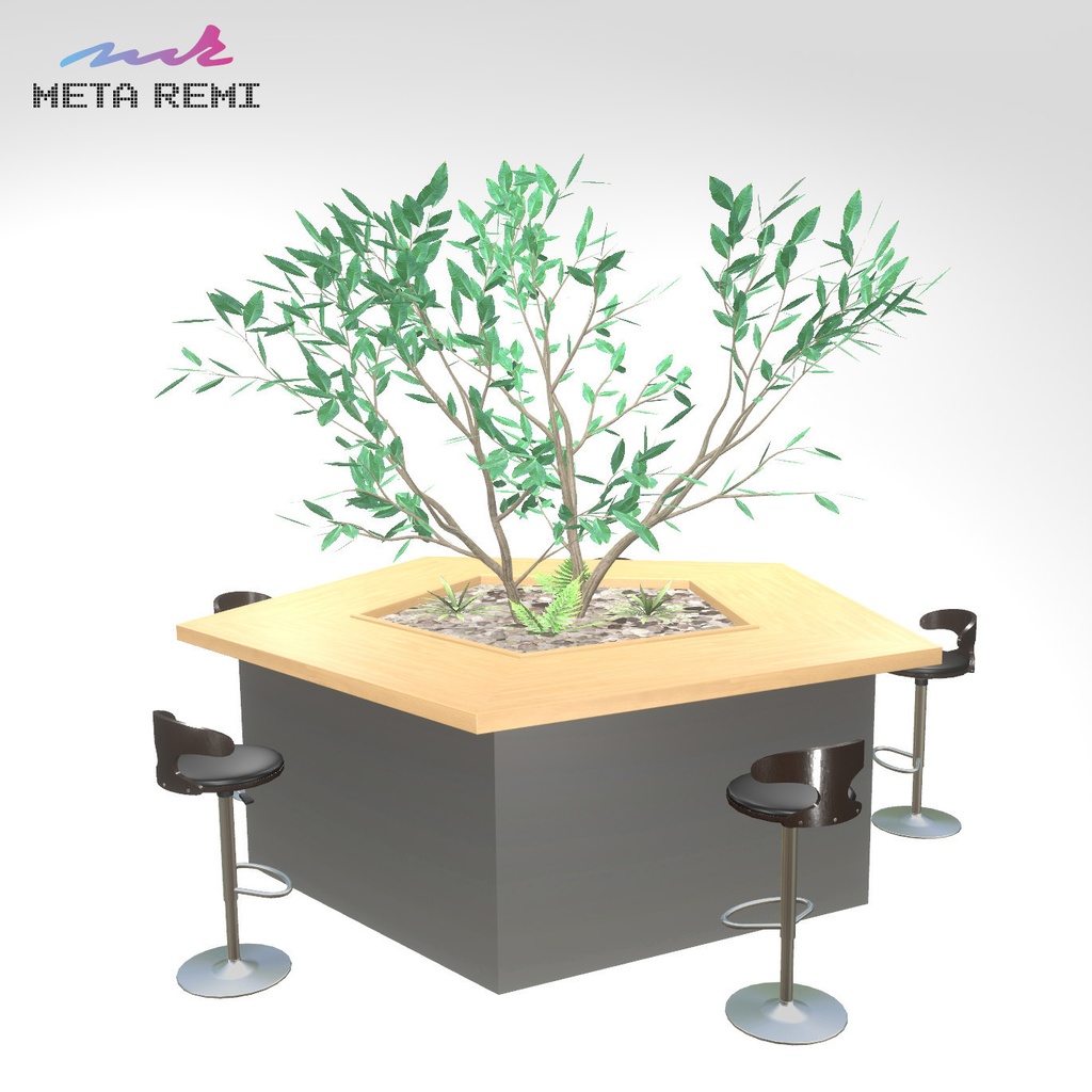 VRChat想定 五角形テーブルセット(植物付き)