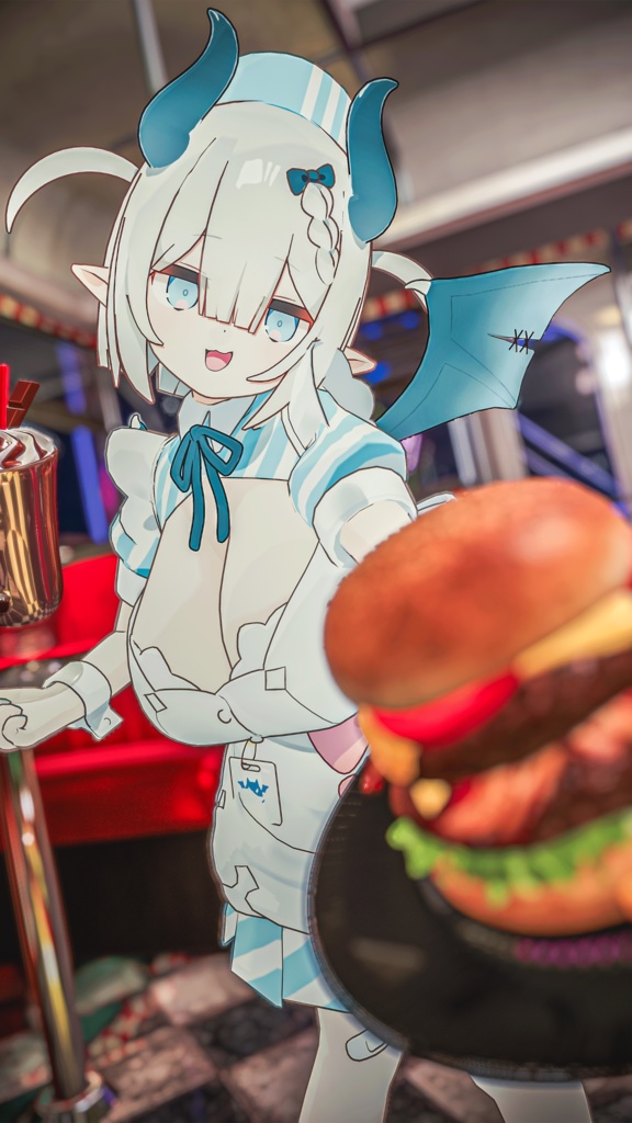 👿🍔デビルウエイトレス ベルセリナ 複数アバター対応衣装同梱 オリジナル3Dモデル VRChat向けアバター #e62f8b