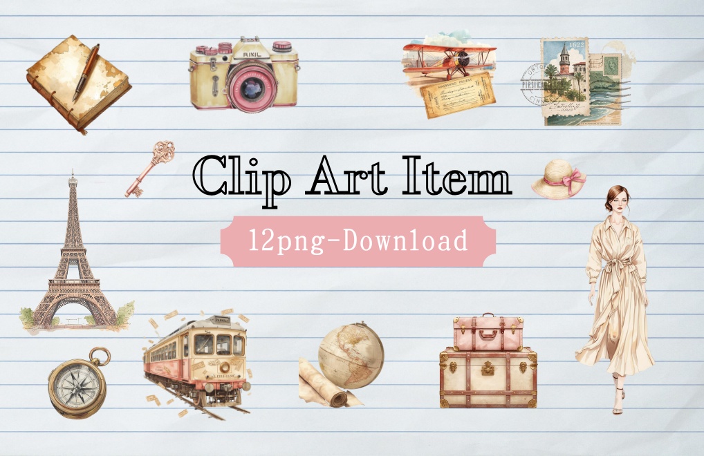 水彩画風クリーム&ピンク旅行シリーズ フランス|アンティークで可愛いクリップアート12点セット【PNG】
