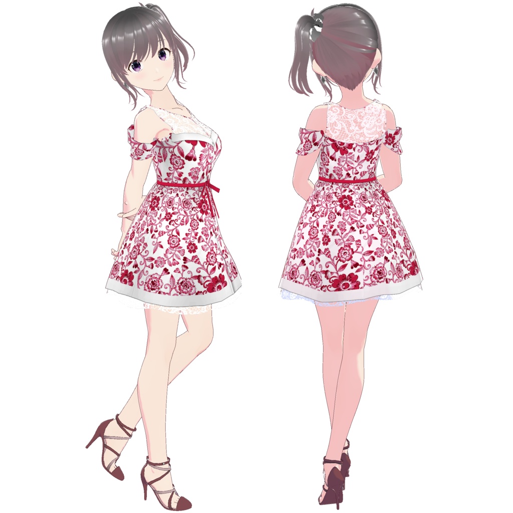 オープンショルダーワンピース (ホワイトレースポイント / 花柄)