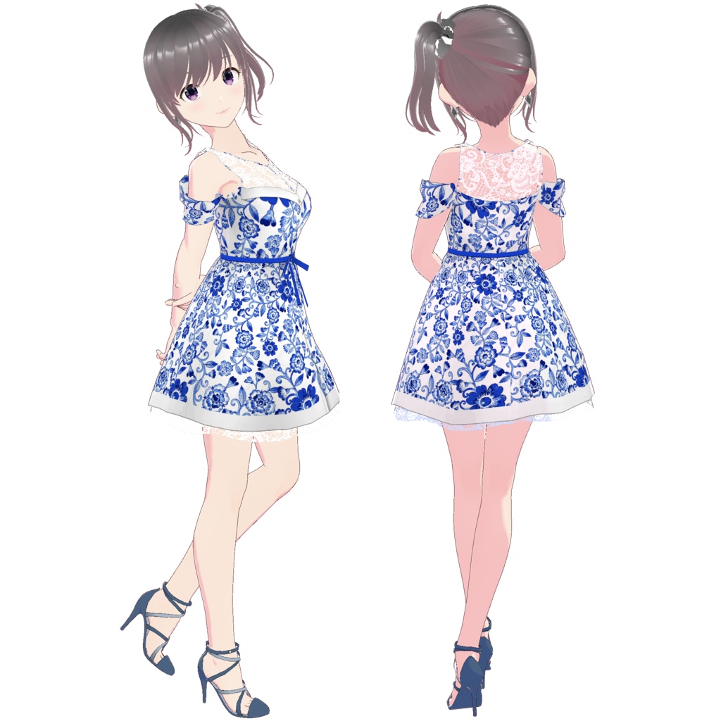 オープンショルダーワンピース (ホワイトレースポイント / 花柄)