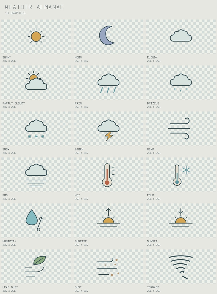 ウェザー・アルマナック環境アイコン｜Weather Almanac【PNG＋SVG／18図柄】