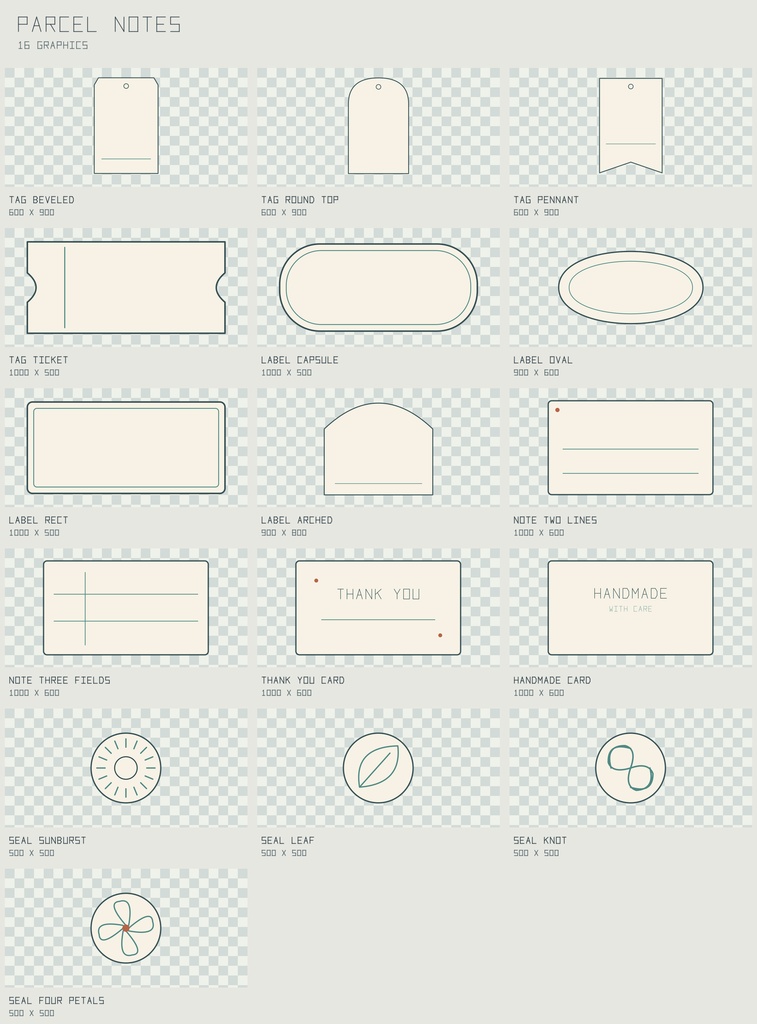 パーセル・ノーツ印刷タグ|Parcel Notes【PNG+SVG/16図柄】