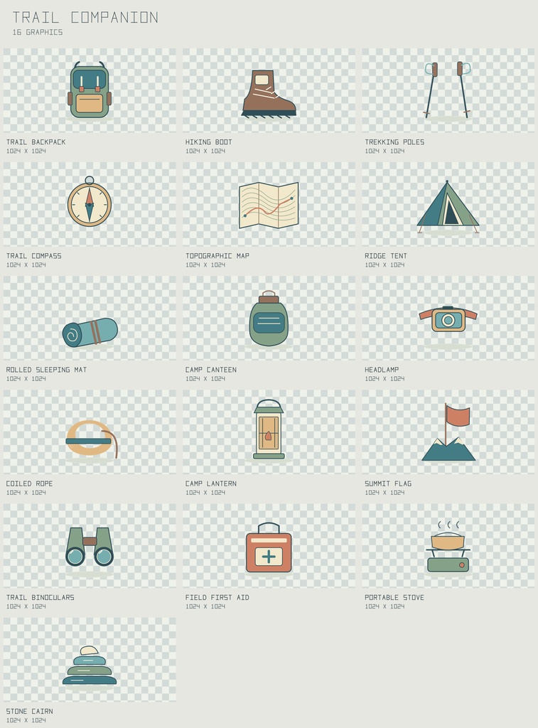 トレイル・コンパニオン 山歩き道具原画｜Trail Companion【PNG＋SVG／16図柄】