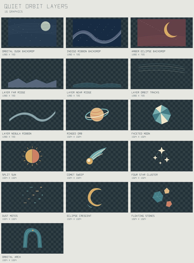 クワイエット・オービット 抽象天体レイヤー｜Quiet Orbit Layers【PNG＋SVG／16図柄】