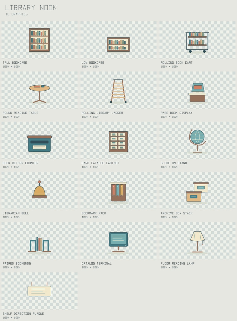 ライブラリー・ヌック 図書室原画｜Library Nook【PNG＋SVG／16図柄】