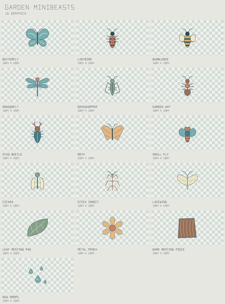 ガーデン・ミニビースツ 庭園の昆虫原画｜Garden Minibeasts【PNG＋SVG／16図柄】