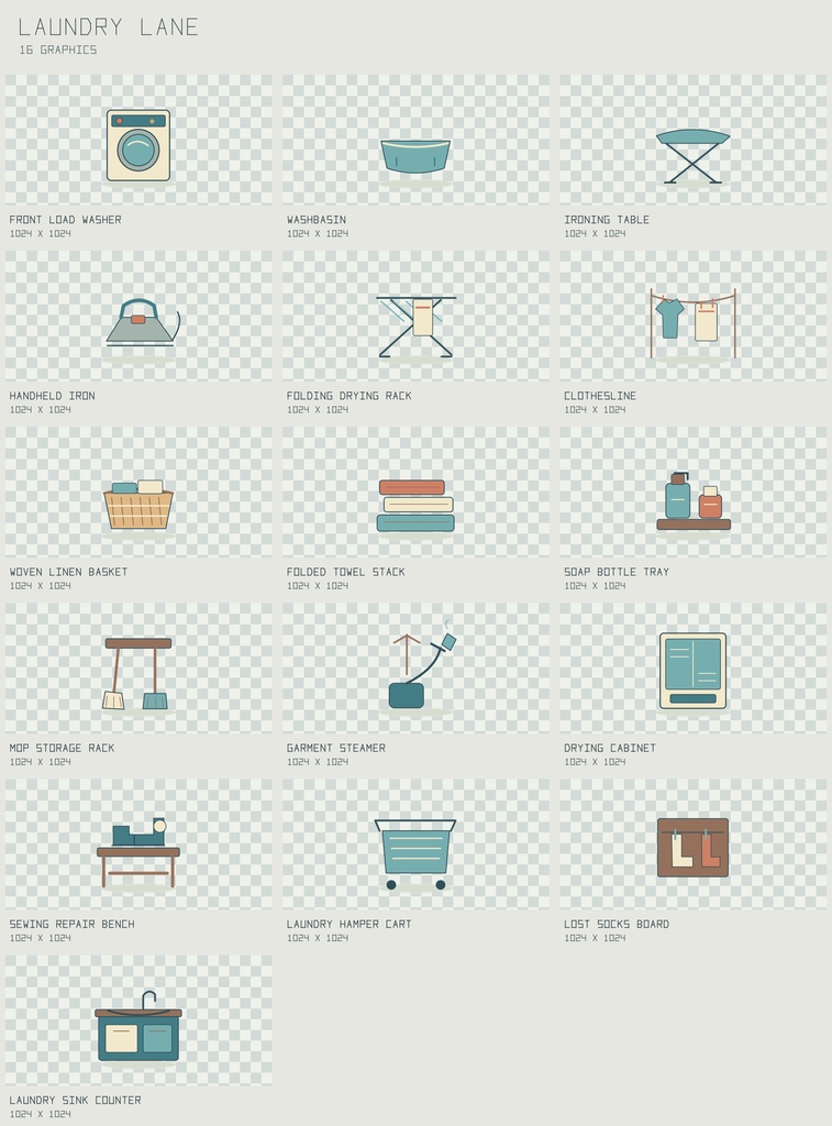 ランドリー・レーン 洗濯室原画｜Laundry Lane【PNG＋SVG／16図柄】