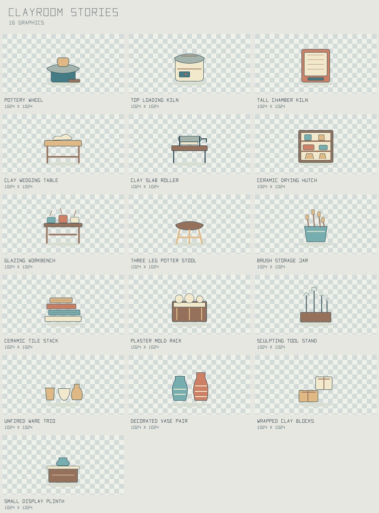 クレイルーム・ストーリーズ 陶芸工房原画｜Clayroom Stories【PNG＋SVG／16図柄】