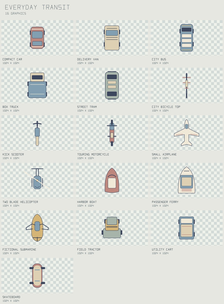 エブリデイ・トランジット 俯瞰乗り物｜Everyday Transit【PNG＋SVG／16図柄】
