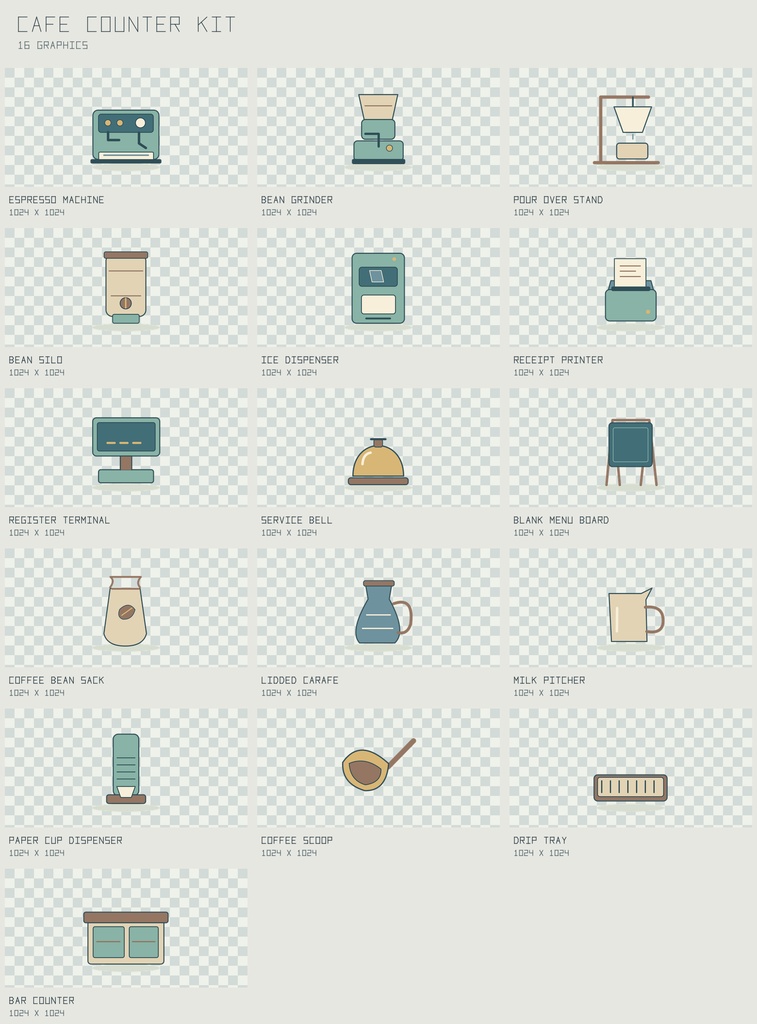 カフェ・カウンター 設備小物｜Cafe Counter Kit【PNG＋SVG／16図柄】