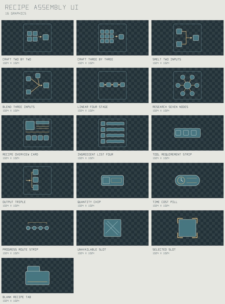レシピ・アセンブリー クラフトUI｜Recipe Assembly UI【PNG＋SVG／16図柄】
