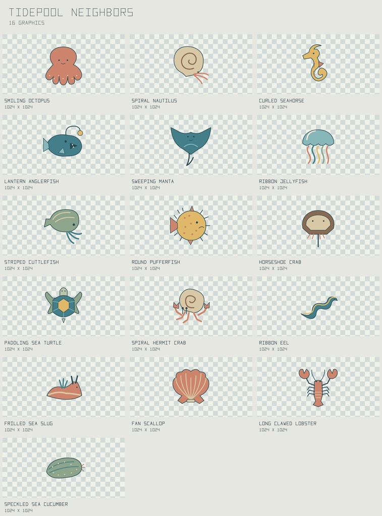 タイドプール 海の生き物|Tidepool Neighbors【PNG+SVG/16図柄】
