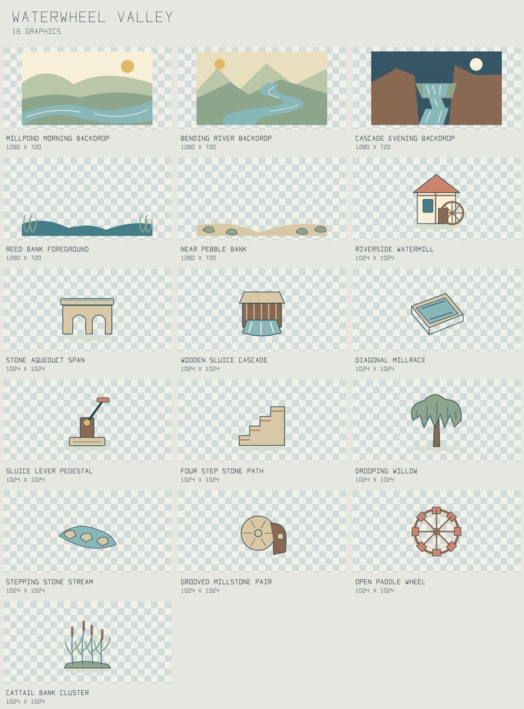 ウォーターホイール 水車の渓谷｜Waterwheel Valley【PNG＋SVG／16図柄】