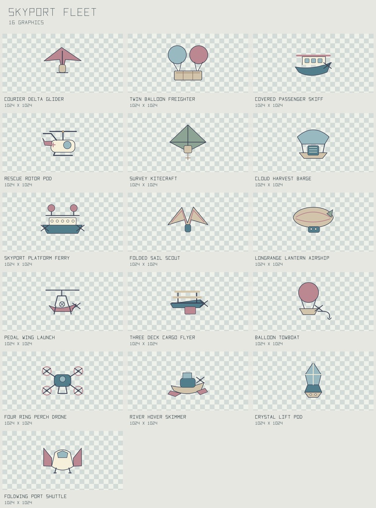 スカイポート 架空の機体｜Skyport Fleet【PNG＋SVG／16図柄】
